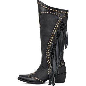 ⚡Women's Black Tassels Under the Knee High Boots Studded Zip Up Faux Leather